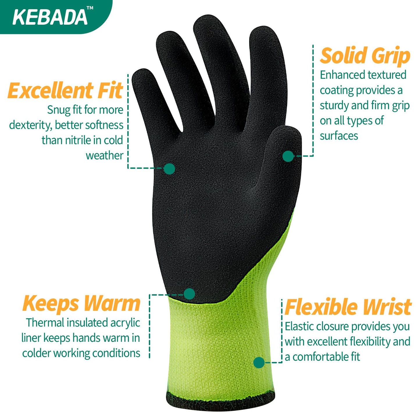 Kebada T3 Warm Winter Work Gloves, Latex Coated Knit Work Gloves for Cold Weather, 65-Pairs