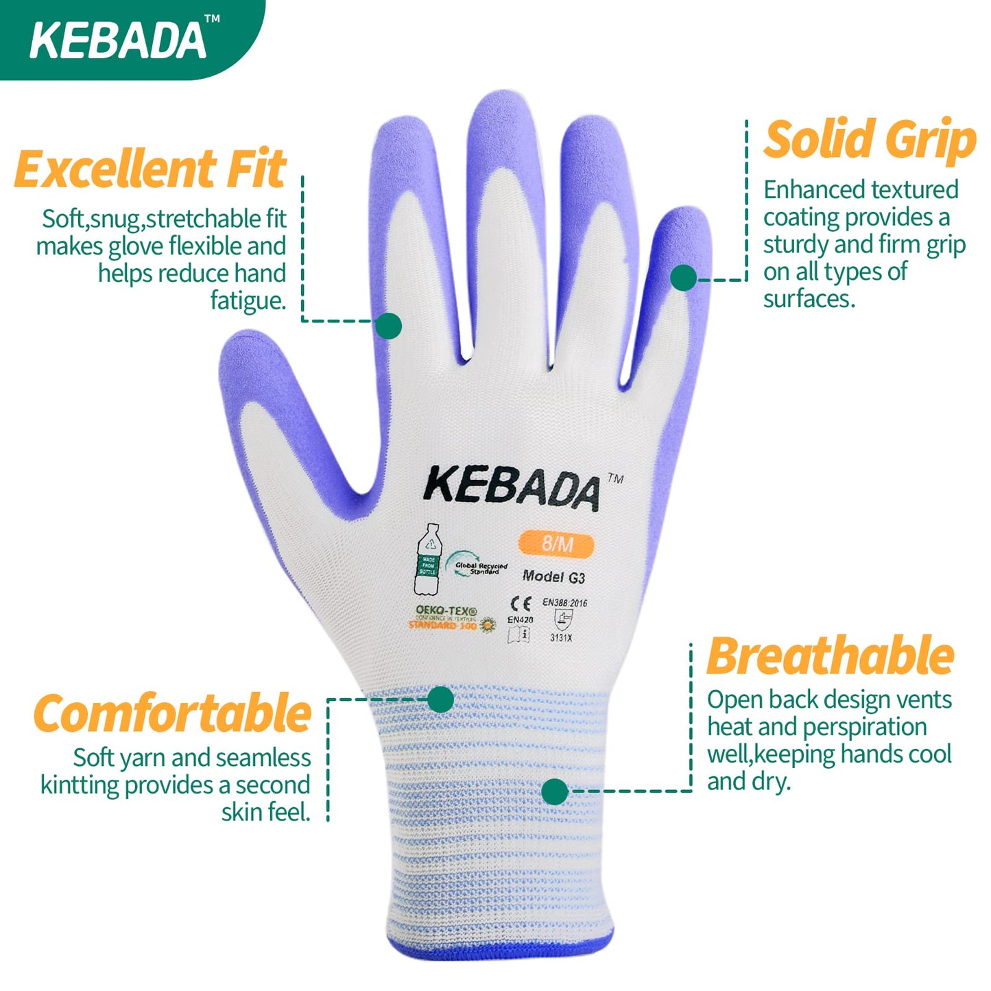 Kebada Gardening Gloves for Women, Latex Coated Garden Gloves, Yellow and Purple (240 Pairs)
