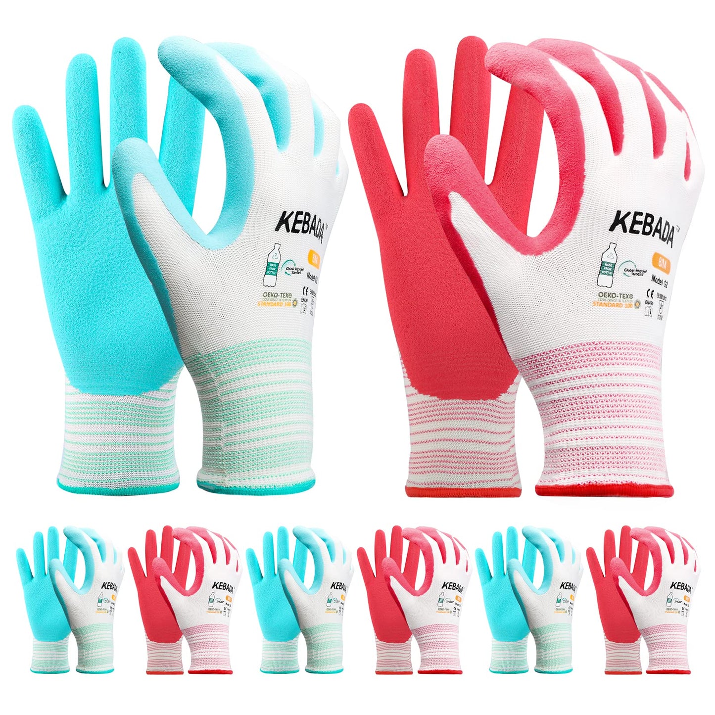 Kebada Gardening Gloves for Women, Latex Coated Garden Gloves, Hot Pink and Aqua Blue (240 Pairs)