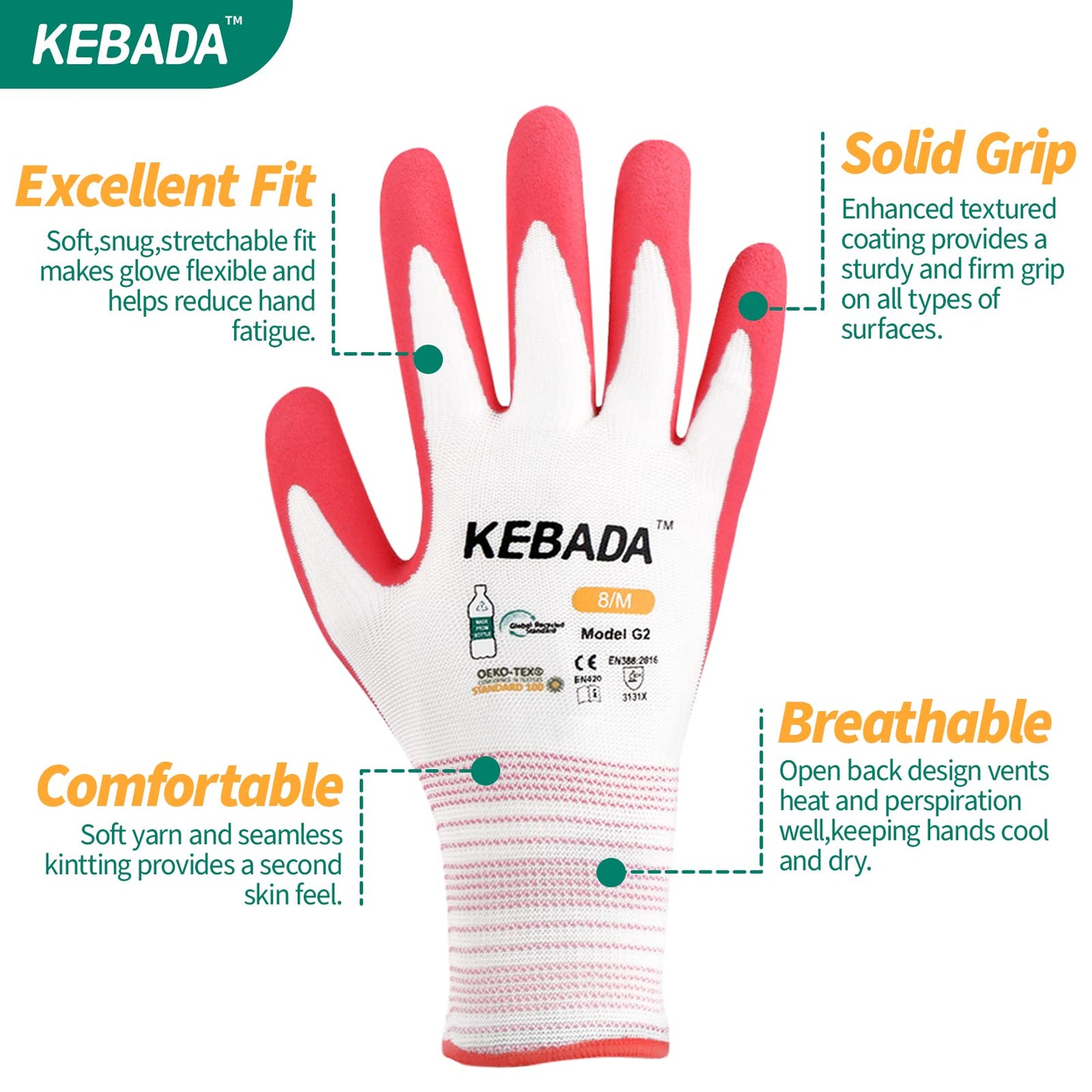 Kebada Gardening Gloves for Women, Latex Coated Garden Gloves, Hot Pink and Aqua Blue (240 Pairs)