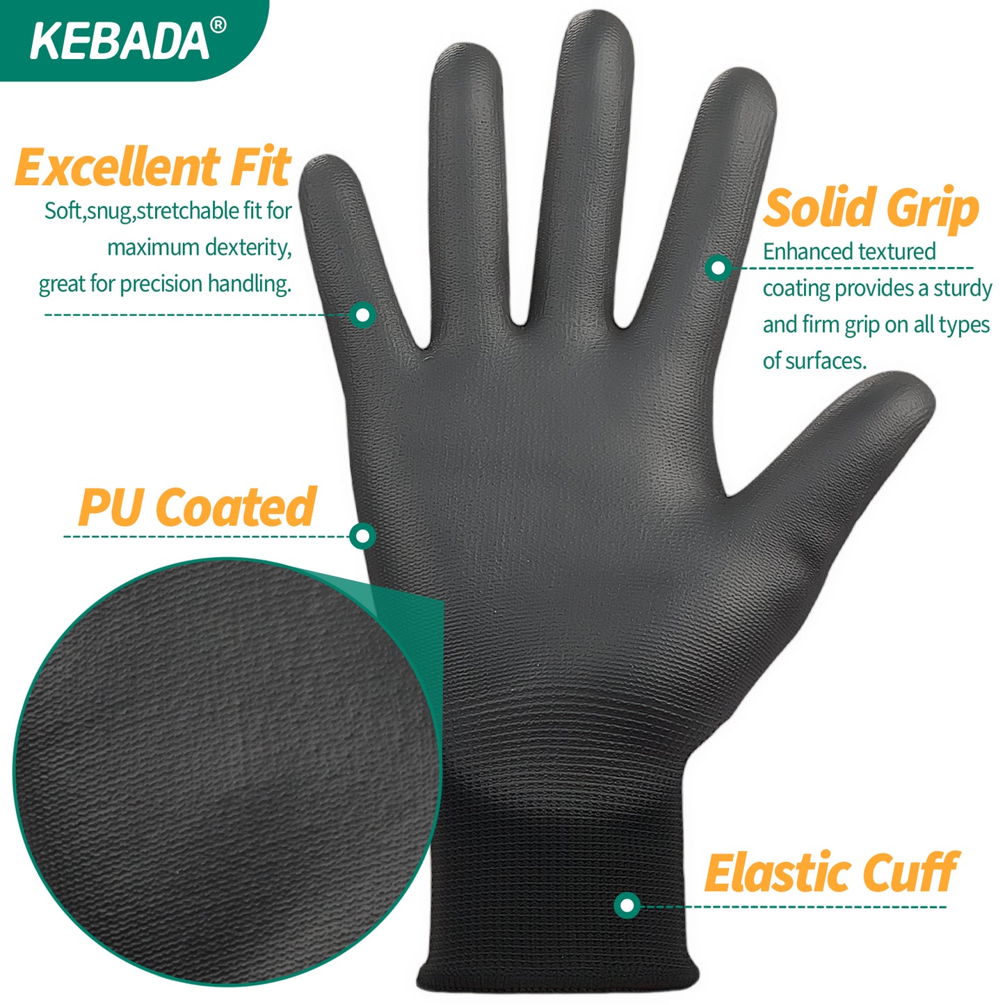 Kebada W1 PU Coated Work Gloves Bulk Pack, General Purpose Gloves for Work,(360 or 480 Pairs)