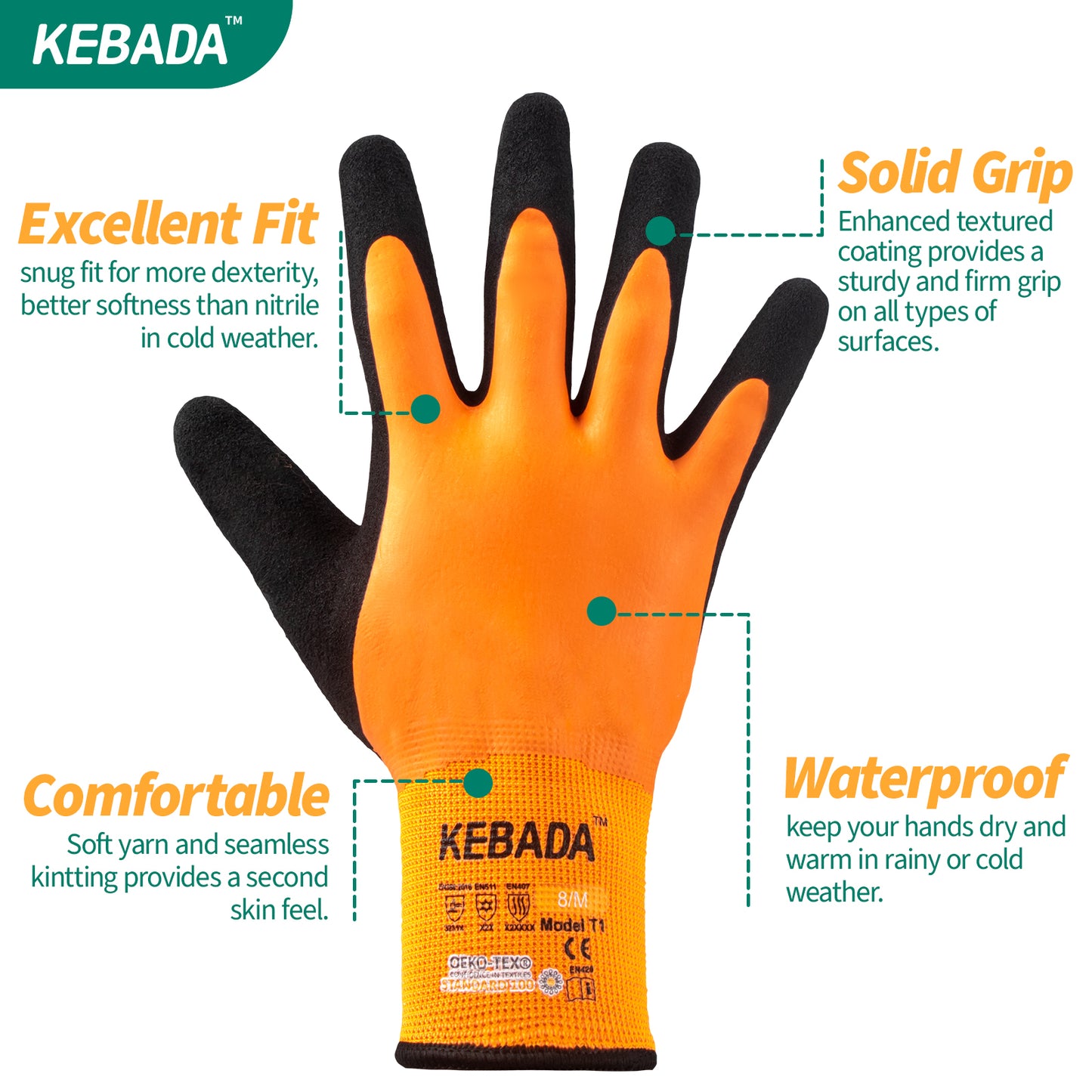 Kebada T1 Waterproof Work Gloves, Latex Coated Winter Work Gloves, 96 Pairs