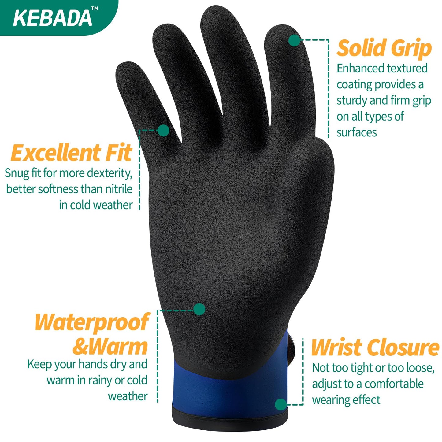 Kebada T2 Waterproof Work Gloves for Cold Weather, Insulated Gloves for Work in Freezer, (60 Pairs)