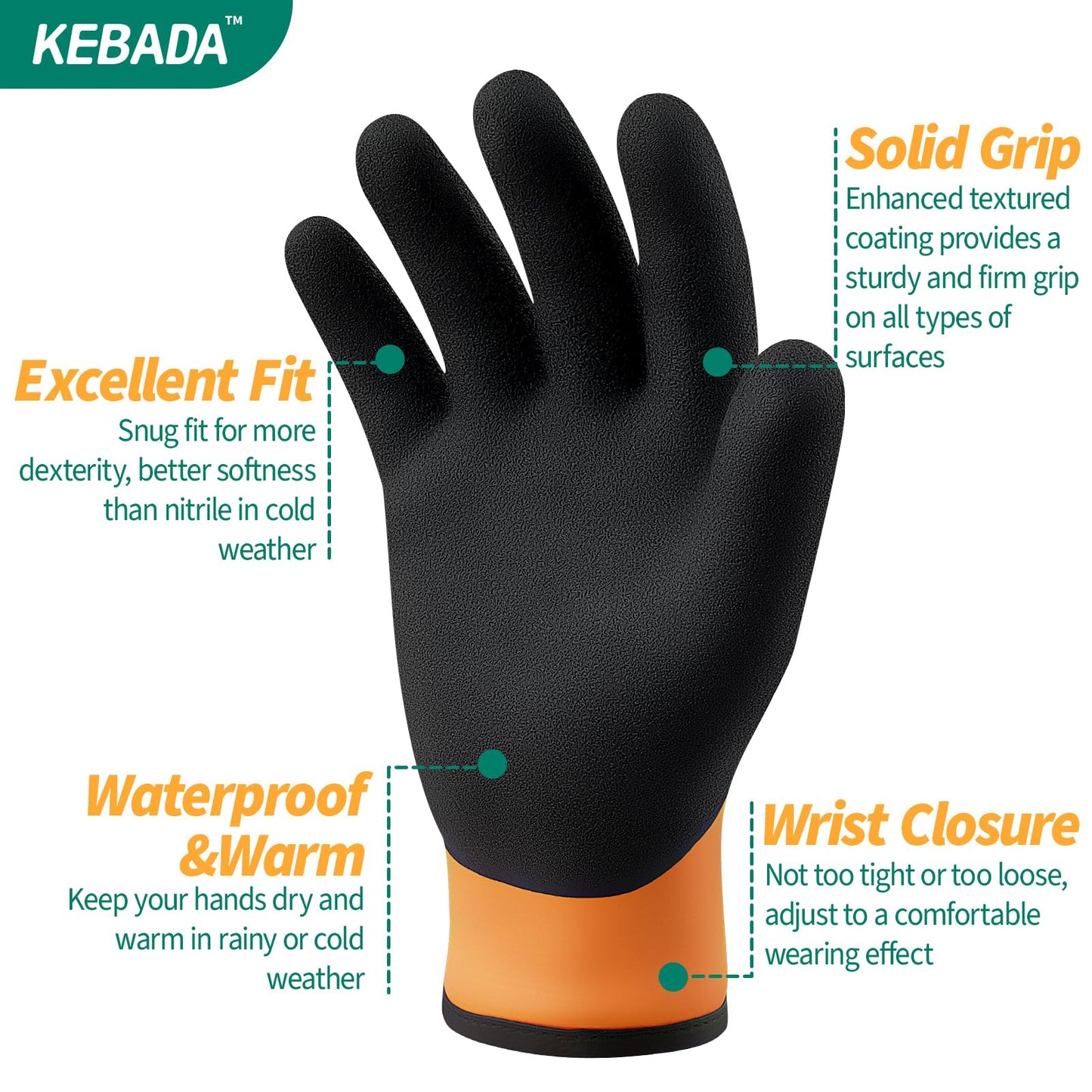 Kebada T2 Waterproof Work Gloves for Cold Weather, Insulated Gloves for Work in Freezer, (60 Pairs)