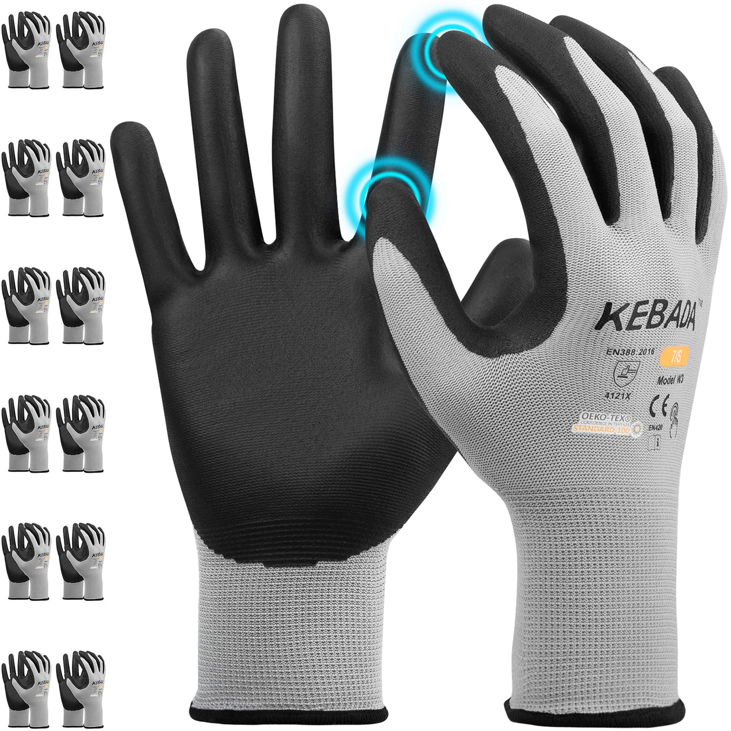 Kebada W3 Work Gloves for Men and Women, Touchscreen Nylon Safety Protective Gloves, Ideal for Gardening, Mechanic, Warehousing, Delivery, (300 or 480 Pairs)
