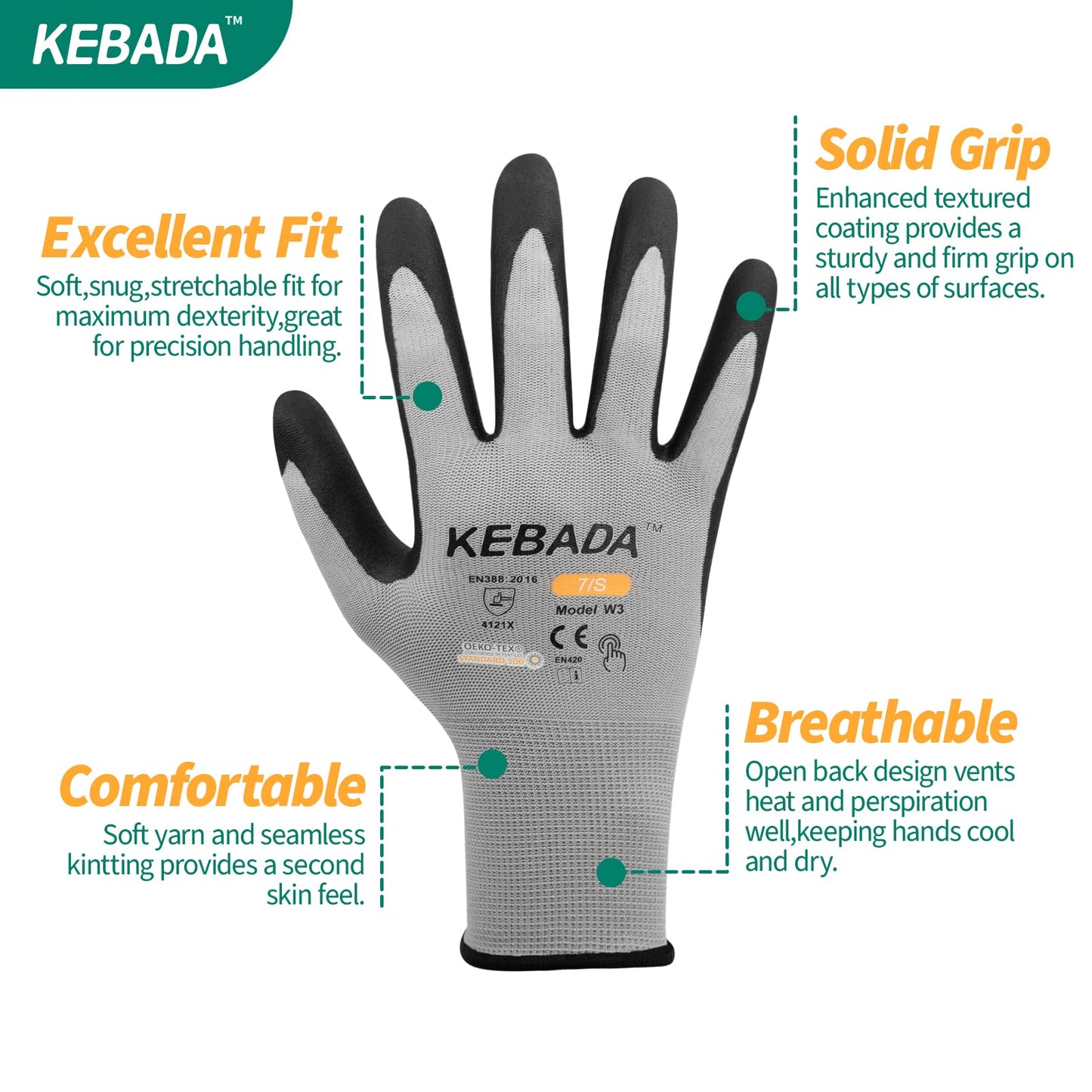 Kebada W3 Work Gloves for Men and Women, Touchscreen Nylon Safety Protective Gloves, Ideal for Gardening, Mechanic, Warehousing, Delivery, (300 or 480 Pairs)