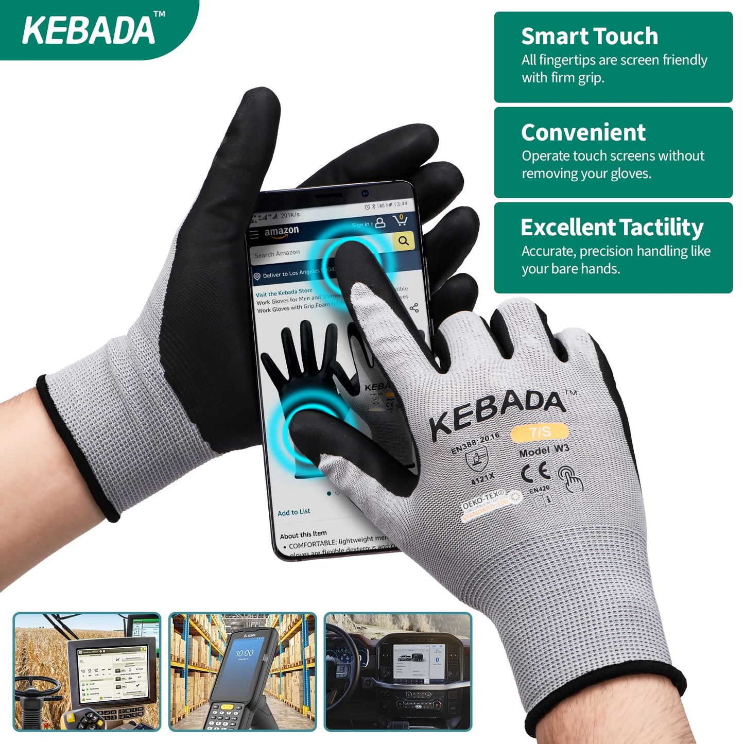 Kebada W3 Work Gloves for Men and Women, Touchscreen Nylon Safety Protective Gloves, Ideal for Gardening, Mechanic, Warehousing, Delivery, (300 or 480 Pairs)