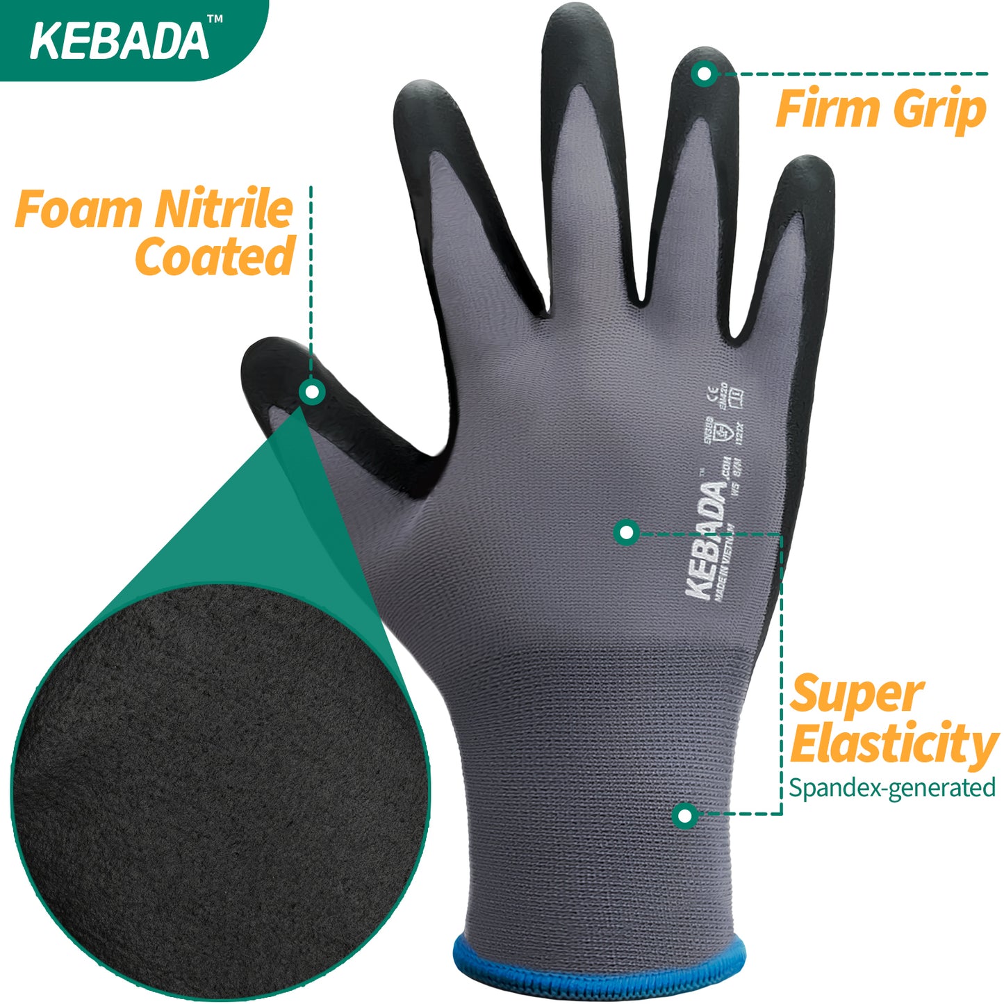 Kebada Work Gloves W5, Foam Nitrile Coated Gloves for Work, Lightweight and Breathable,( 360 Paris )Bulk Pack Work Gloves