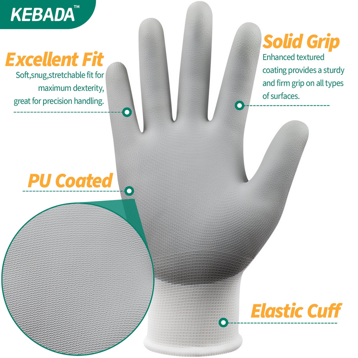 Kebada W1 PU Coated Work Gloves Bulk Pack, General Purpose Gloves for Work,(360 or 480 Pairs)