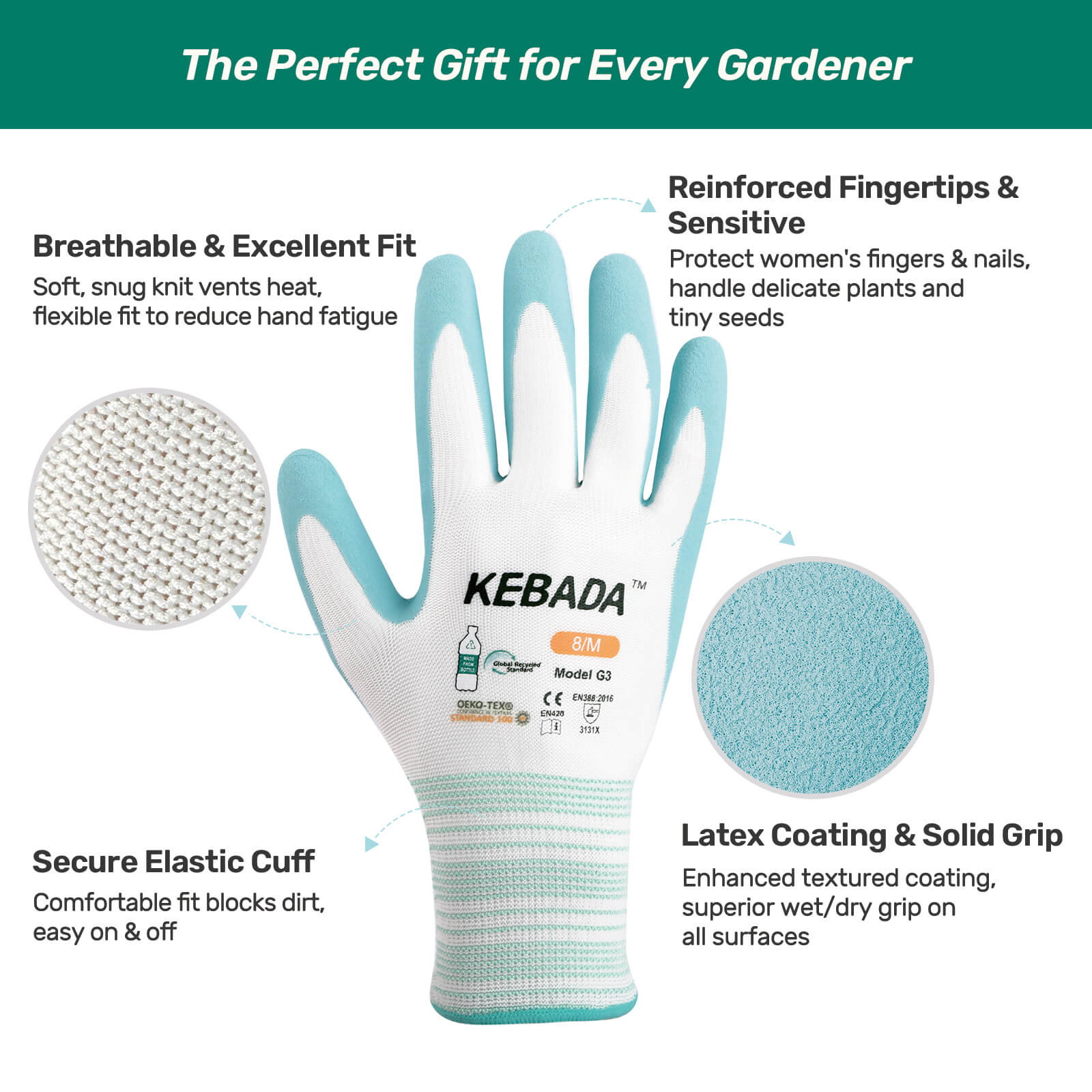 [240-Pair Bulk Pack] Kebada G23 Women's Eco-Friendly Breathable Garden Gloves - Pink/Blue