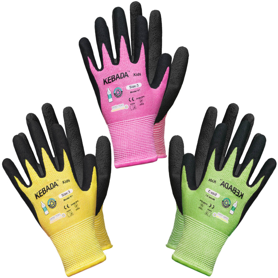 [300-Pair Bulk Pack] Kebada K123 Kids Gardening Gloves - Ages 3-9, Pink/Yellow/Green.