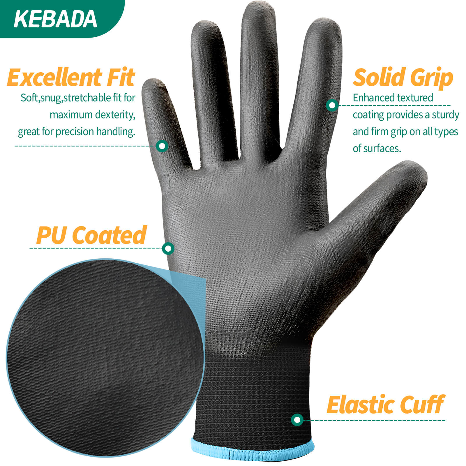 [300-Pair Bulk Pack] Kebada W1PU311 PU Coated Work Gloves