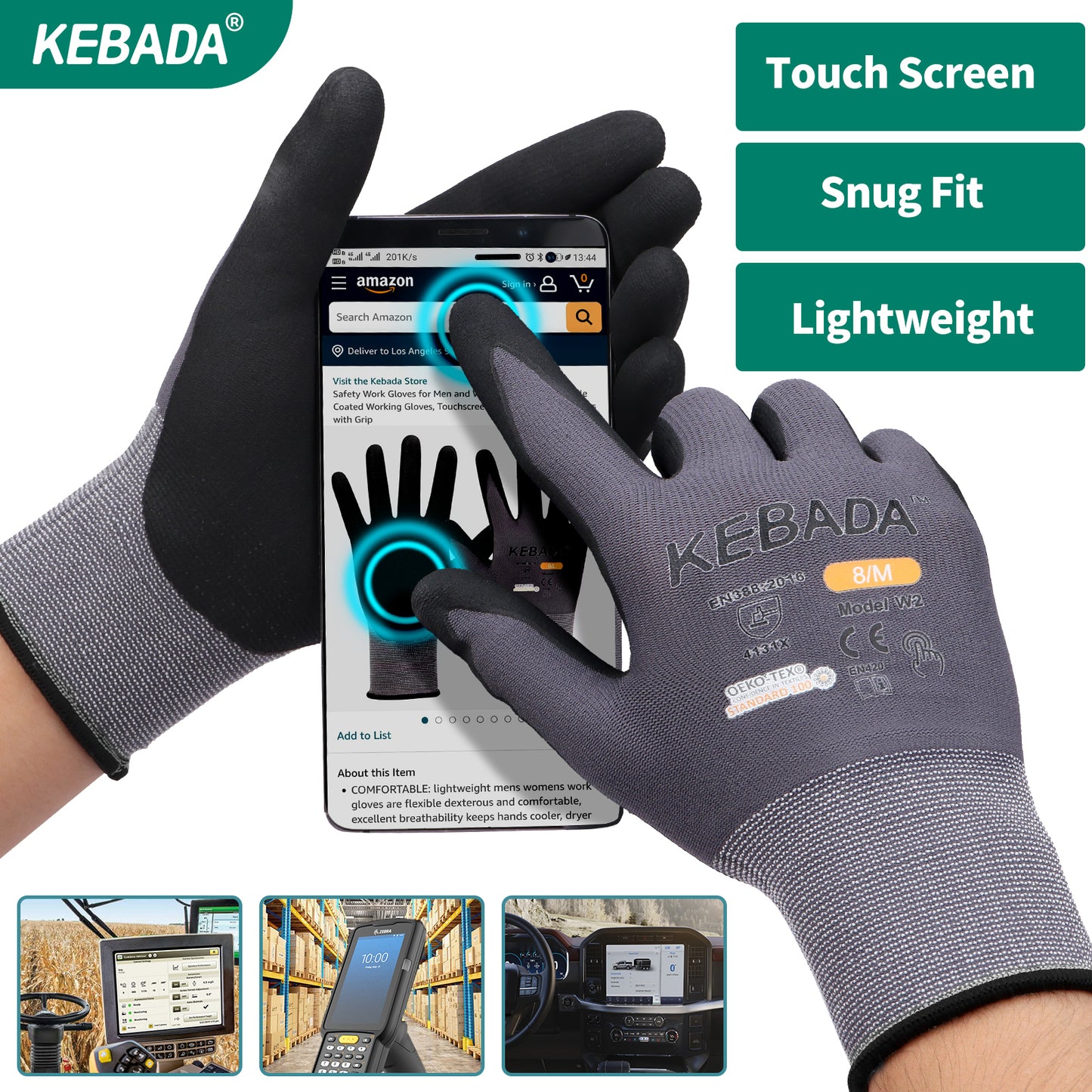 Kebada W2 Micro-Foam Nitrile Coated Work Gloves, Touchscreen Gloves for Work, Super Strethable( 240 or 360 Pairs )